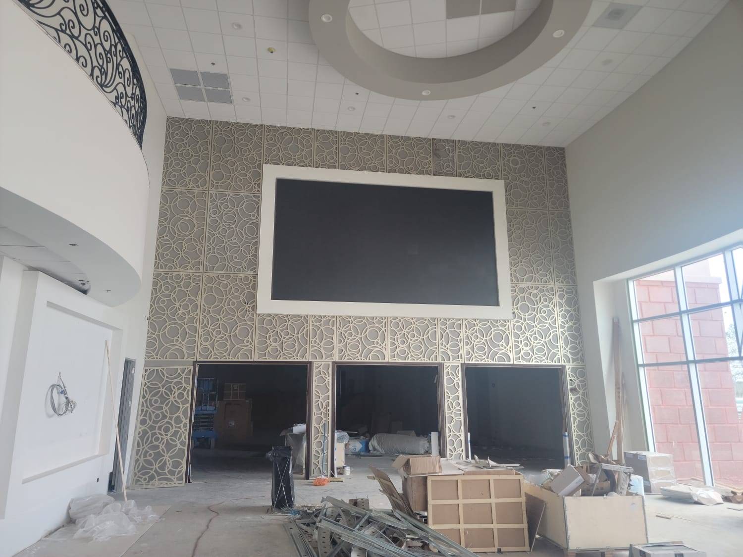 Lobby wall with empty framed recess before the LED display was installed